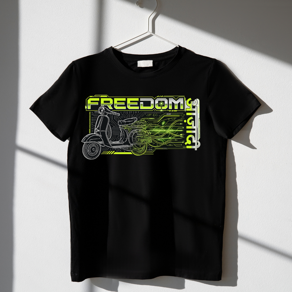 Freedom Circuit™ Black Graphic Oversized T-Shirt – Retro Scooter Cyberpunk Streetwear Tee
