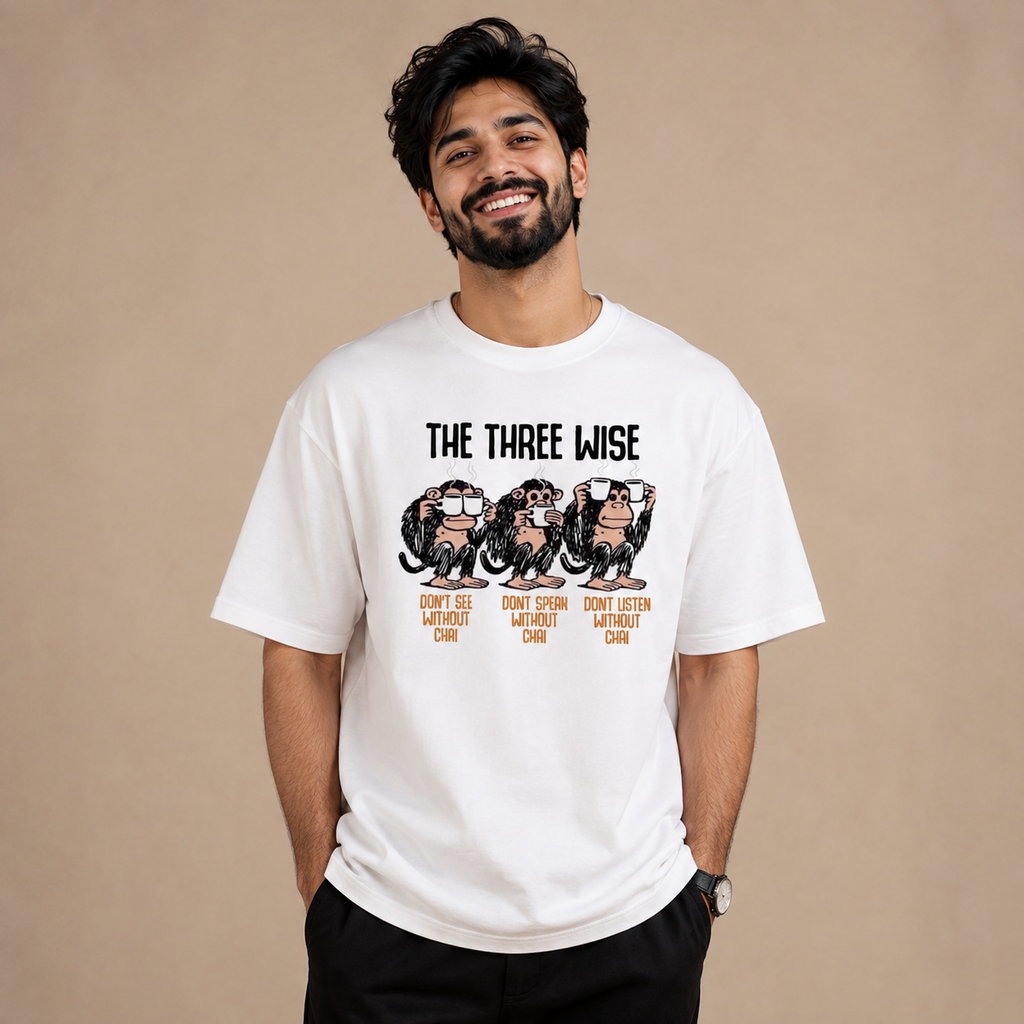 The Three Wise Chai Oversized White T-Shirt | Funny Chai Lover Graphic Tee | Unisex Heavyweight Cotton