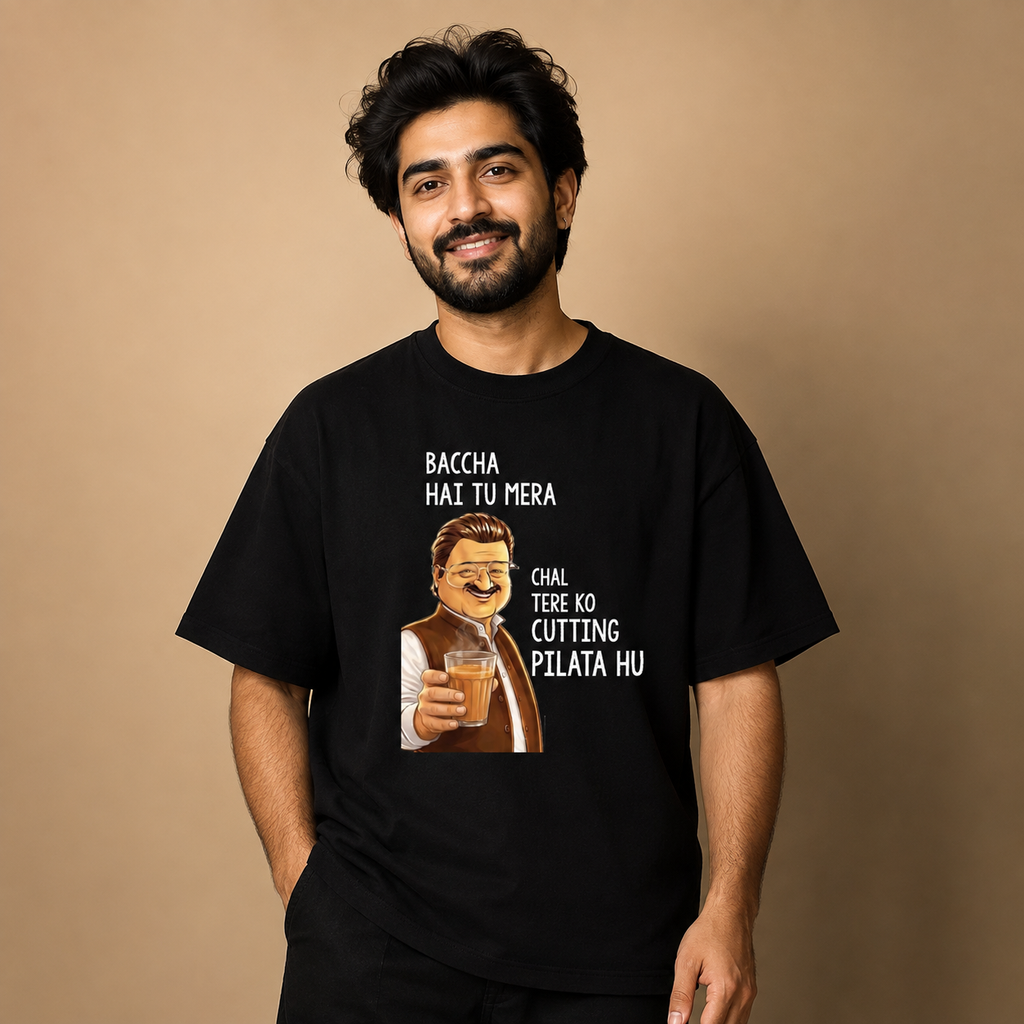 Baccha Hai Tu Mera Chal Tere Ko Cutting Pilata Hu Oversized Black T-Shirt | Funny Chai Lover Graphic Tee