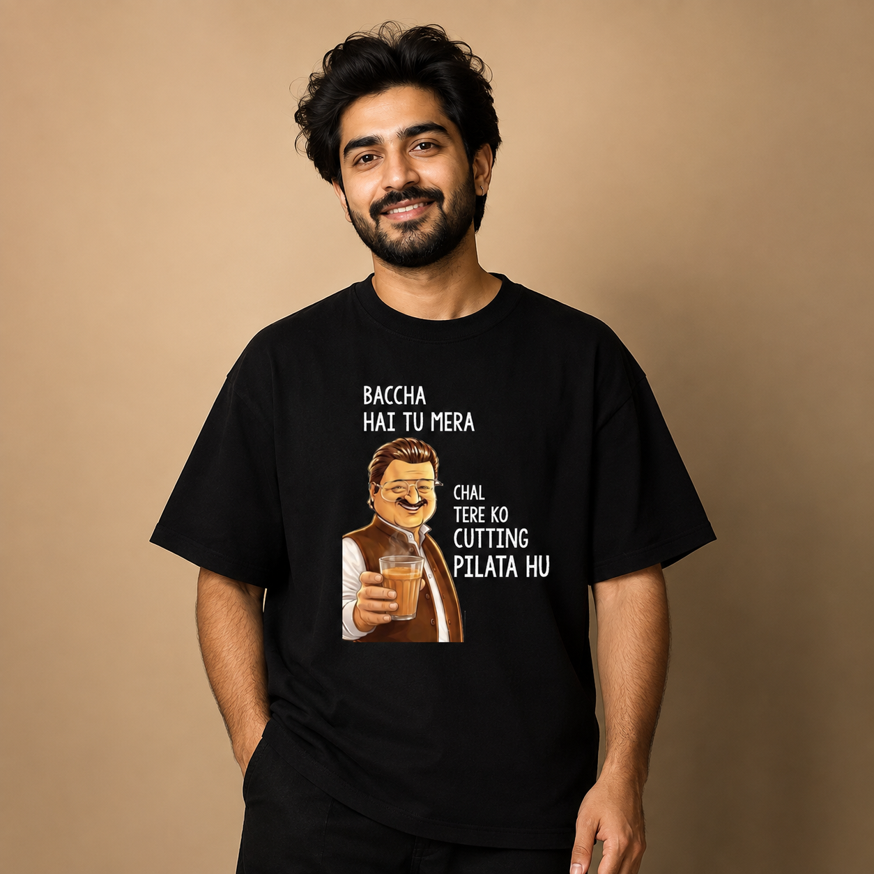 Baccha Hai Tu Mera Chal Tere Ko Cutting Pilata Hu Oversized Black T-Shirt | Funny Chai Lover Graphic Tee