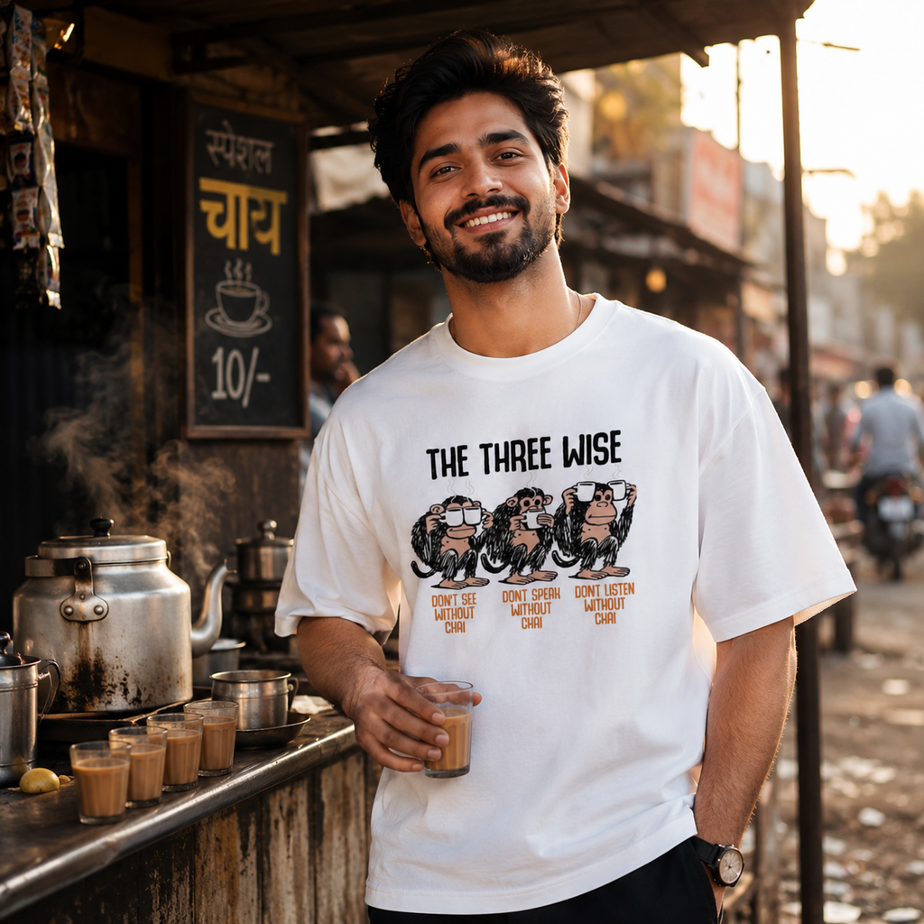 The Three Wise Chai Oversized White T-Shirt | Funny Chai Lover Graphic Tee | Unisex Heavyweight Cotton