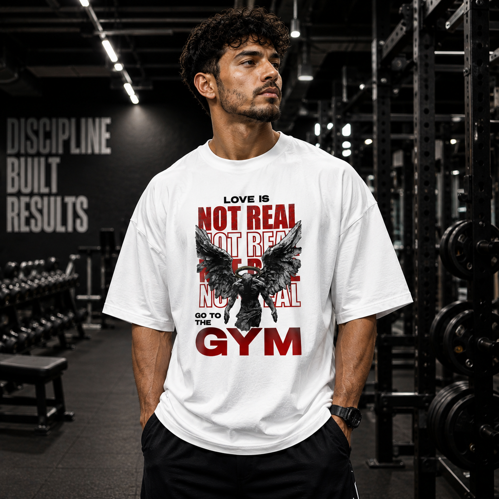 Love Is Not Real – Oversized Gym White T-Shirt