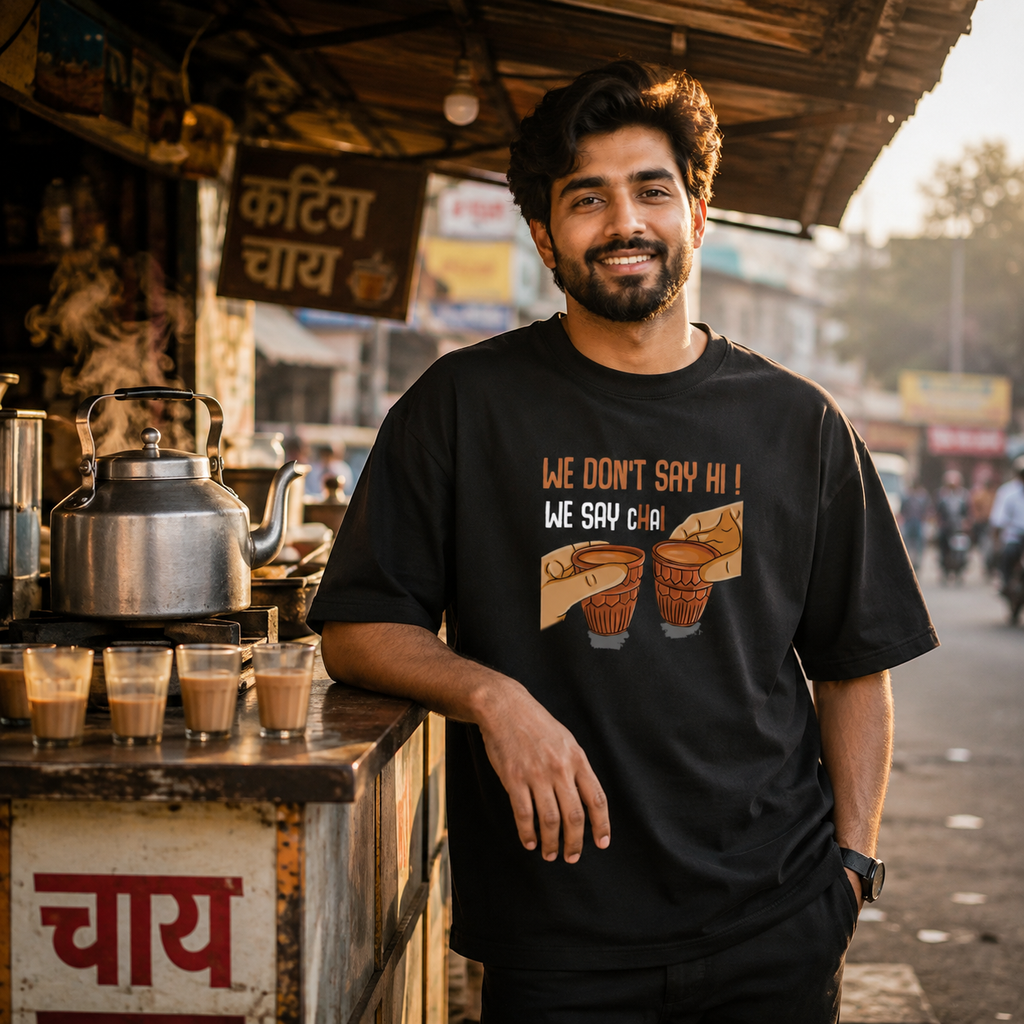 We Don't Say Hi, We Say Chai Oversized Black T-Shirt | Premium Heavyweight Cotton Tee