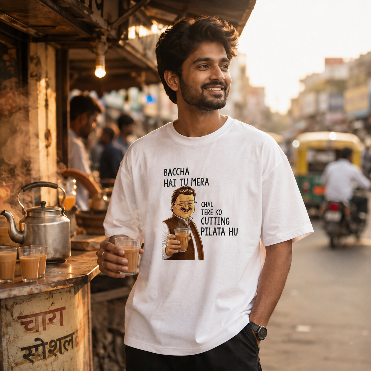 Baccha Hai Tu Mera – Chal Tere Ko Cutting Pilata Hu Oversized White T-Shirt | Funny Chai Lover Graphic Tee | Unisex Heavyweight Cotton