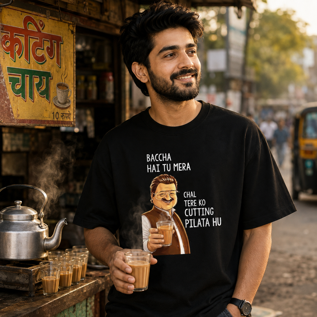 Baccha Hai Tu Mera Chal Tere Ko Cutting Pilata Hu Oversized Black T-Shirt | Funny Chai Lover Graphic Tee
