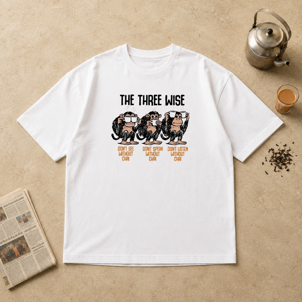The Three Wise Chai Oversized White T-Shirt | Funny Chai Lover Graphic Tee | Unisex Heavyweight Cotton
