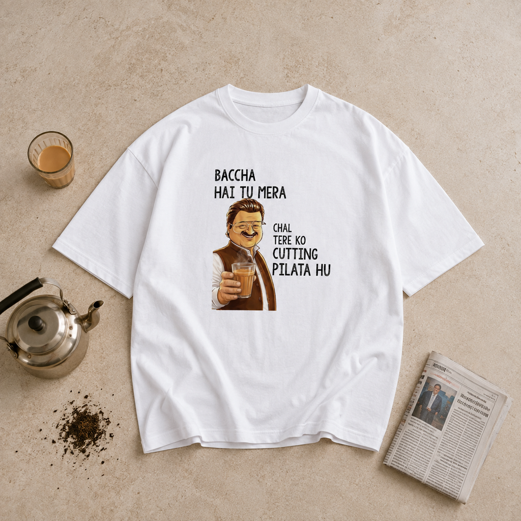 Baccha Hai Tu Mera – Chal Tere Ko Cutting Pilata Hu Oversized White T-Shirt | Funny Chai Lover Graphic Tee | Unisex Heavyweight Cotton