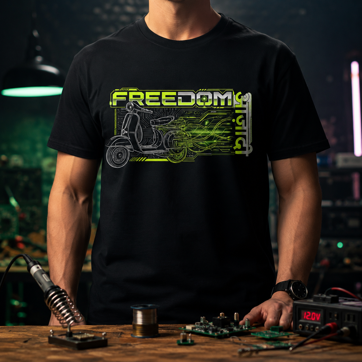 Freedom Circuit™ Black Graphic Oversized T-Shirt – Retro Scooter Cyberpunk Streetwear Tee